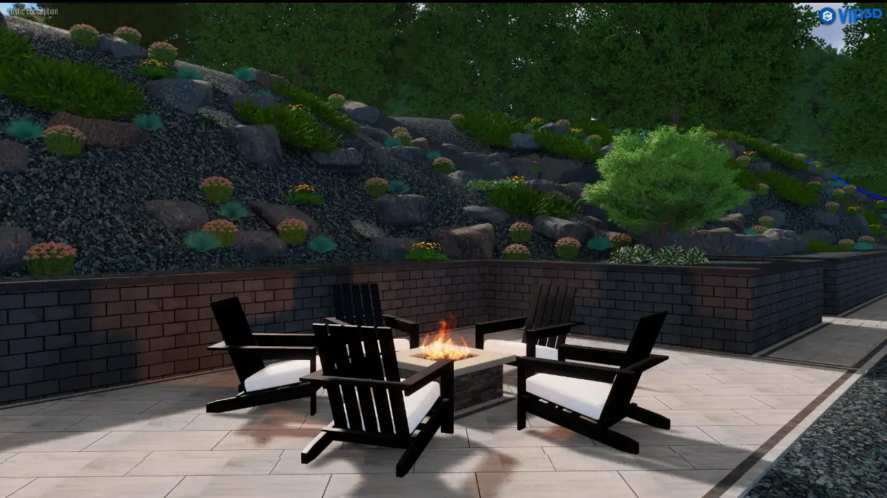 Round built-in stone gas fire pit surrounded by paver patio seating
