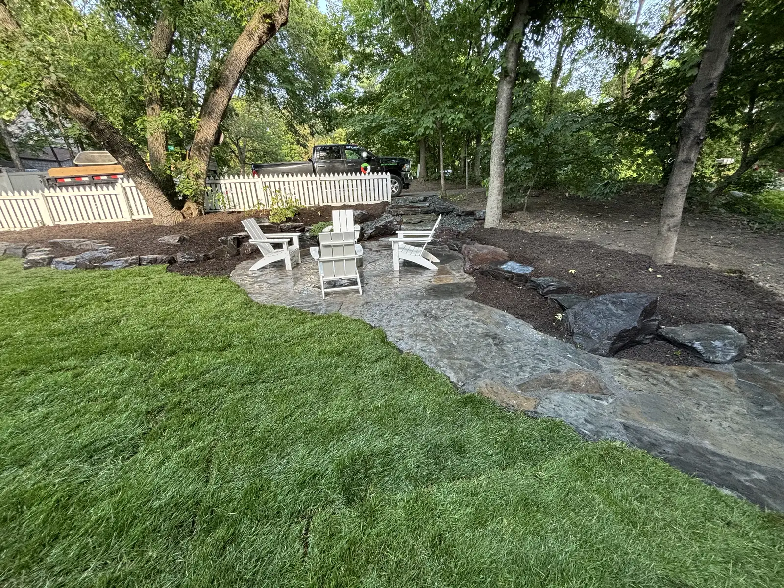Custom Flagstone Patio & Boulder Staircase project photo — greenwood flagstone patio 09