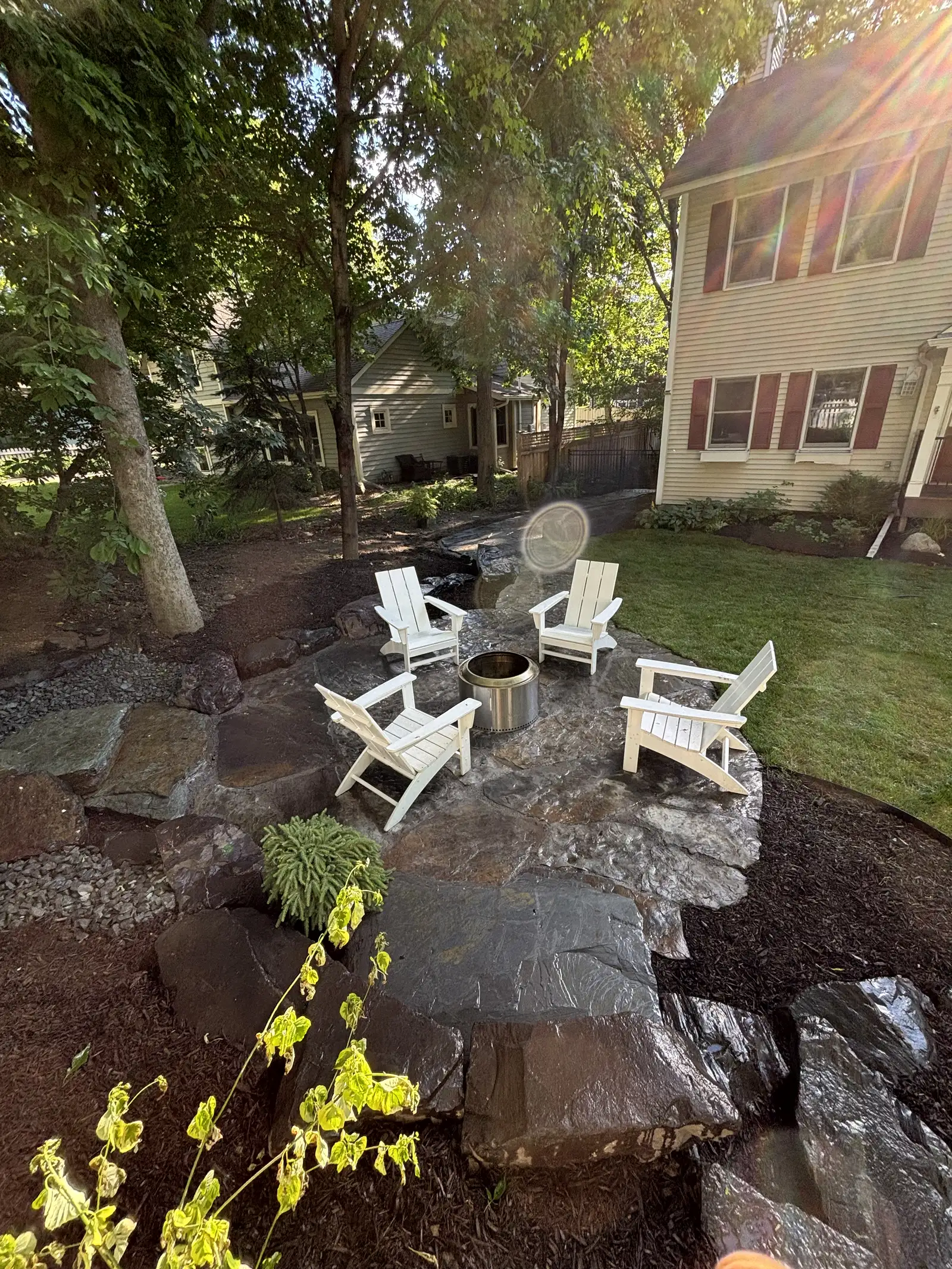 Custom Flagstone Patio & Boulder Staircase project photo — greenwood flagstone patio 14