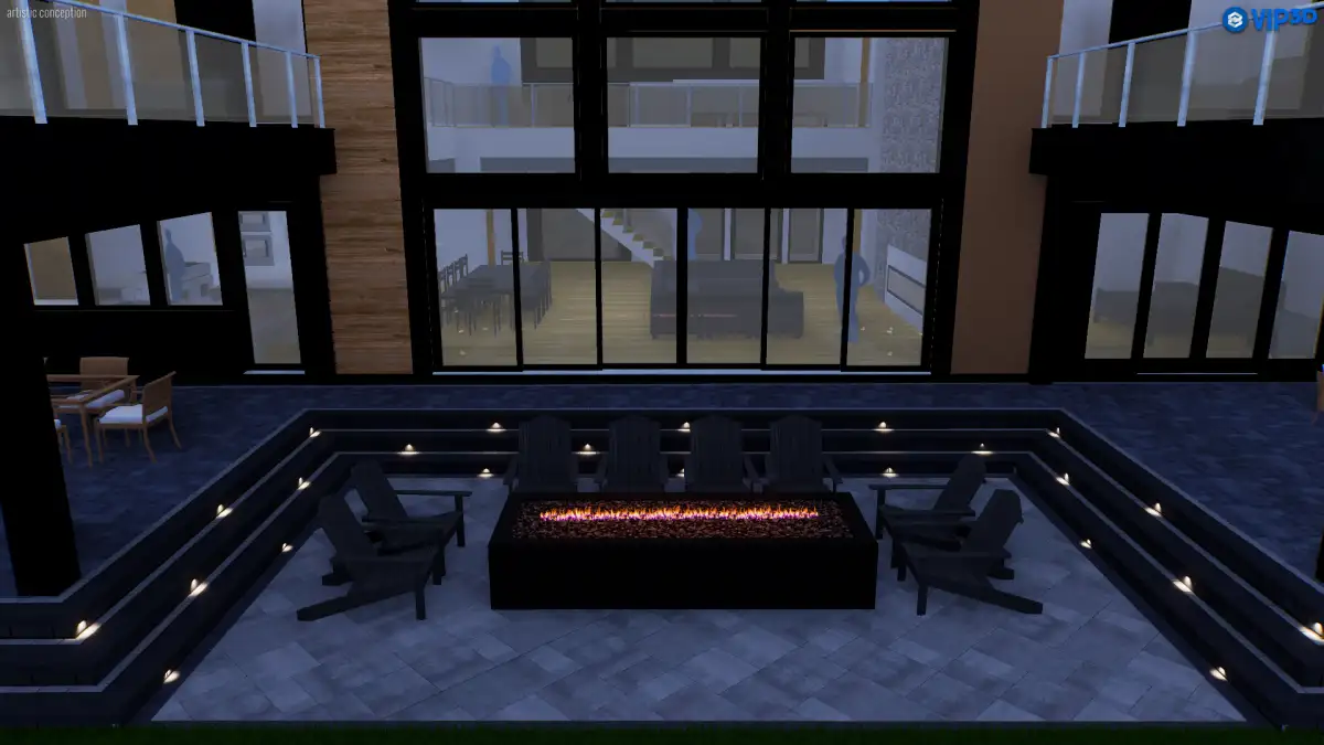 Professional landscape lighting illuminating an outdoor living space at night