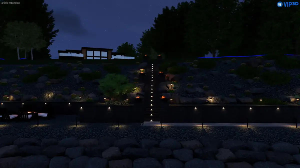 Landscape lighting design highlighting walkways and architectural features at dusk