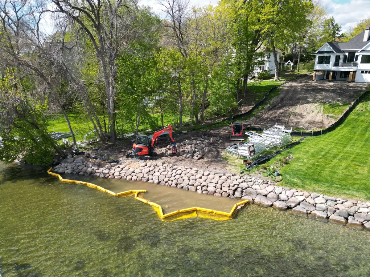 Aerial view of erosion control and rip rap installation on Lake Minnetonka shoreline in Orono, MN